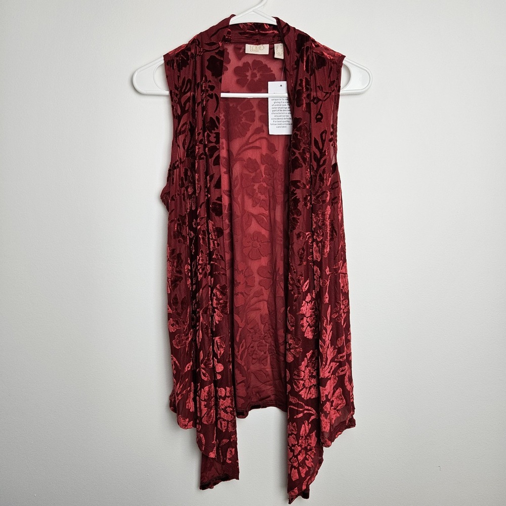Logo Lavish Cardigan Size XS Lori Goldstein Sleeveless Open Front Red Burnout